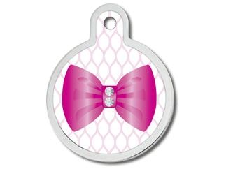 ID Tag Circle Large Pink Bow with Crystal -